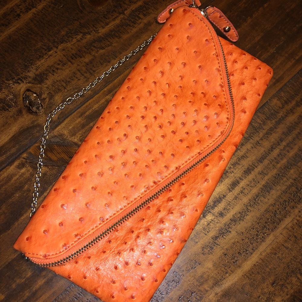 Faux Leather Ostrich Look Orange Clutch with Chain
